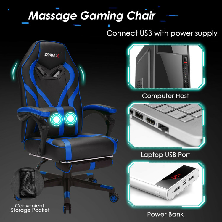 Computer Massage Gaming Recliner Chair with Footrest-BlueCostway Gallery View 11 of 12