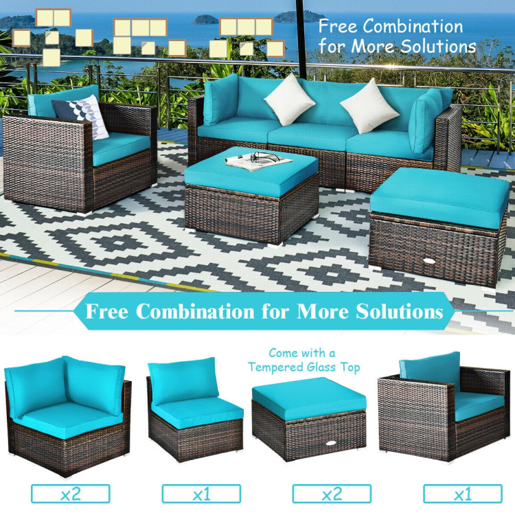 6 Pcs Patio Rattan Furniture Set with Sectional Cushion-TurquoiseCostway Gallery View 2 of 12