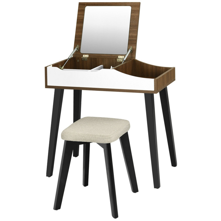 Vanity Table Set with Flip Top Mirror and Padded Stool-BrownCostway Gallery View 3 of 12