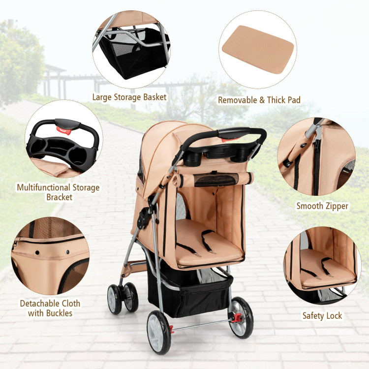 Foldable 4-Wheel Pet Stroller with Storage Basket-BeigeCostway Gallery View 10 of 12