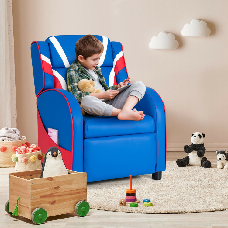 Kids Leather Recliner Chair with Side Pockets-BlueCostway Gallery View 8 of 12