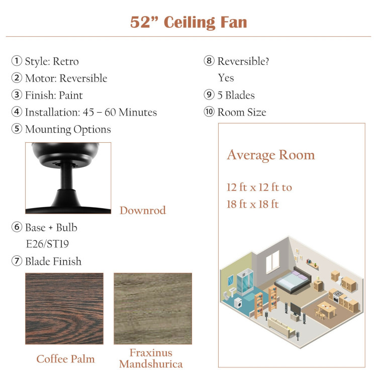 52" Retro Ceiling Fan Lamp with Glass Shade Reversible Blade Remote ControlCostway Gallery View 4 of 12