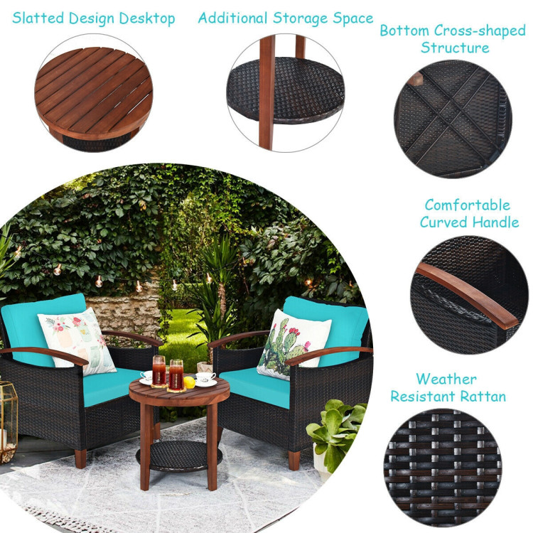 3 Pieces Patio Rattan Furniture Set with Washable Cushion and Acacia Wood Tabletop-TurquoiseCostway Gallery View 11 of 12