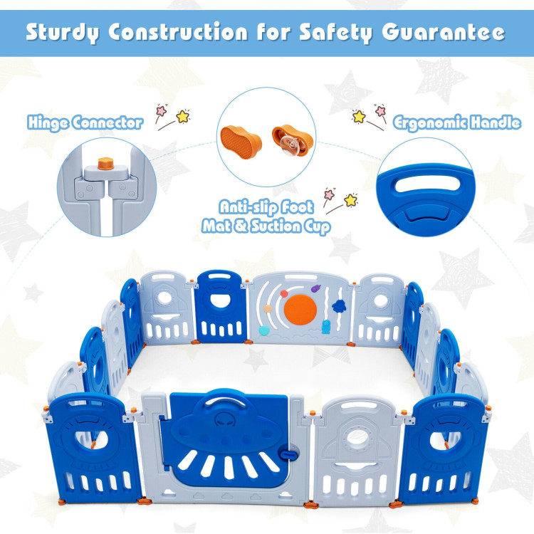 16-Panel Baby Playpen Safety Play Center with Lockable Gate-BlueCostway Gallery View 11 of 13