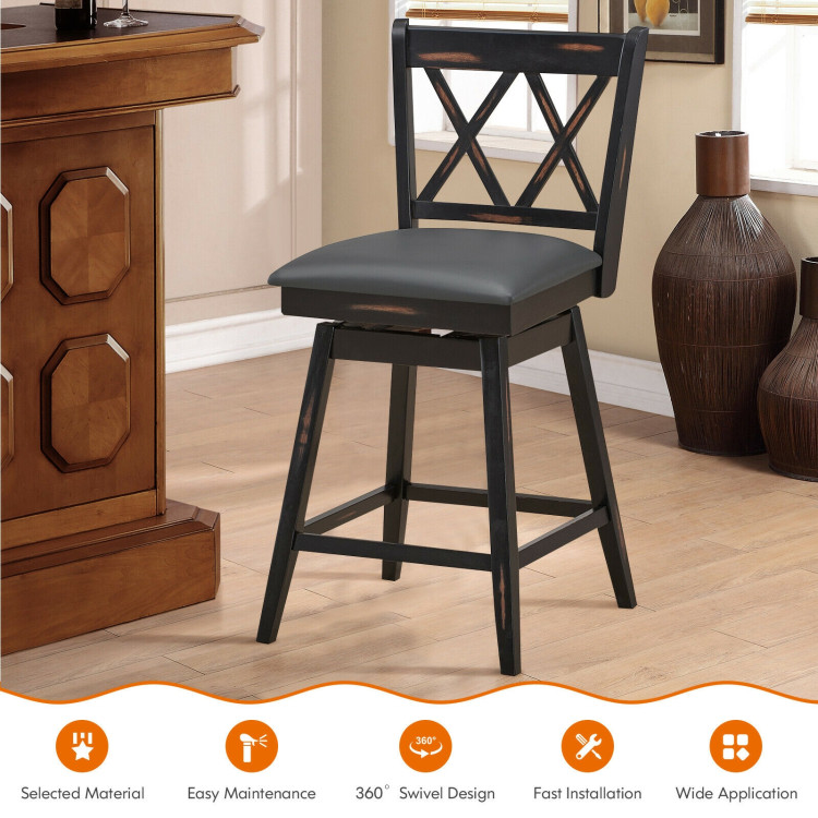 2 Pieces 24 Inch Swivel Counter Height Barstool Set with Rubber Wood Legs-BlackCostway Gallery View 3 of 11