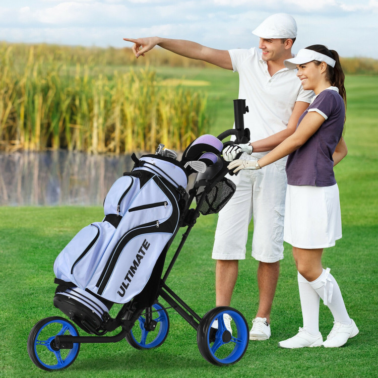 Folding 3 Wheels Golf Push Cart with Brake Scoreboard Adjustable Handle-BlueCostway Gallery View 1 of 12