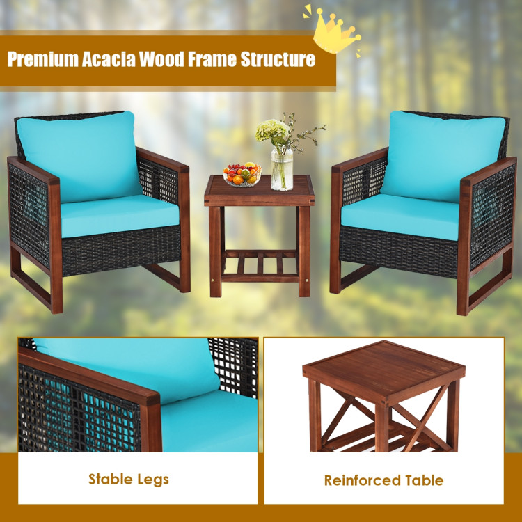 3 Pieces Patio Wicker Furniture Set with Washable Cushion and Acacia Wood Coffee Table-TurquoiseCostway Gallery View 11 of 12