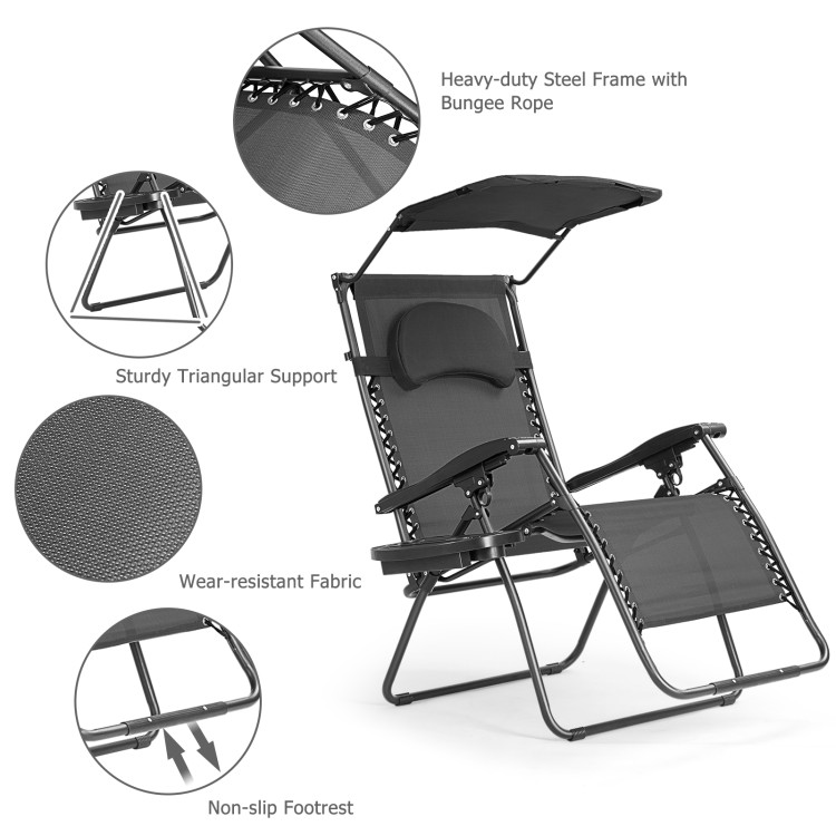 Folding Recliner Lounge Chair with Shade Canopy Cup Holder-BlackCostway Gallery View 9 of 10