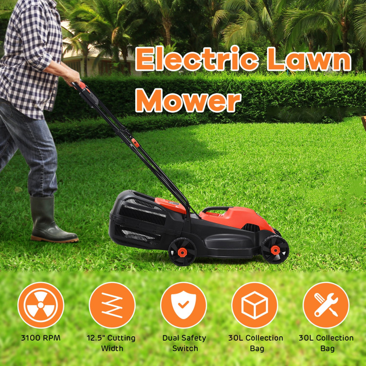 14 Electric Push Lawn Corded Mower with Grass Bag-Red
