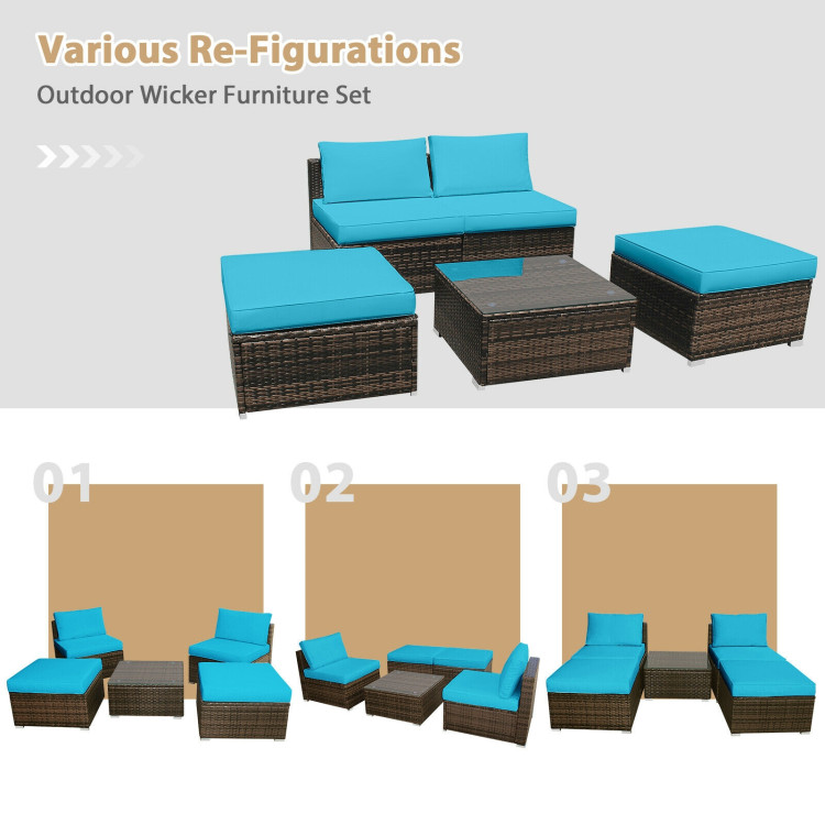 5Pcs Patio Rattan Wicker Furniture Set Armless Sofa Ottoman Cushioned-TurquoiseCostway Gallery View 11 of 12
