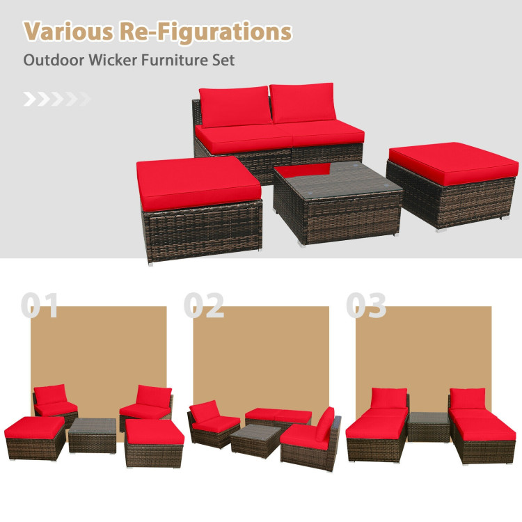 5 Pieces Patio Rattan Furniture Set with Cushioned Armless Sofa-RedCostway Gallery View 6 of 12