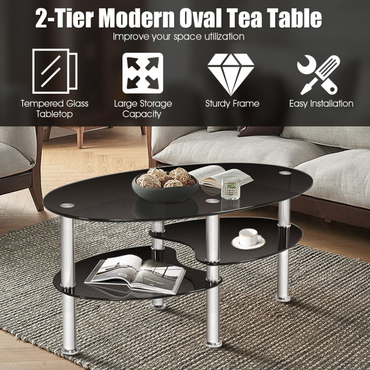Tempered Glass Oval Side Coffee Table-BlackCostway Gallery View 3 of 11