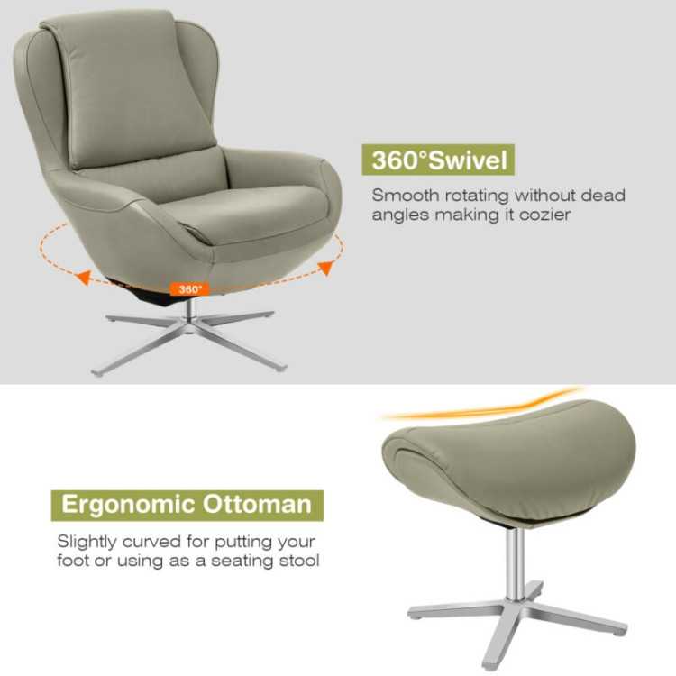 360°  Swivel Leather Lounge Chair with Ottoman and Aluminum Alloy Base-GrayCostway Gallery View 12 of 12