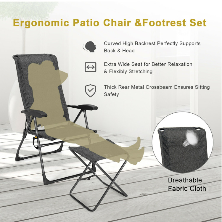 4 Pieces Patio Adjustable Back Folding Dining Chair Ottoman Set-GrayCostway Gallery View 11 of 12