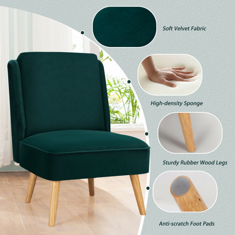 Velvet Accent Armless Side Chair with Rubber Wood Legs for Bedroom-GreenCostway Gallery View 10 of 12