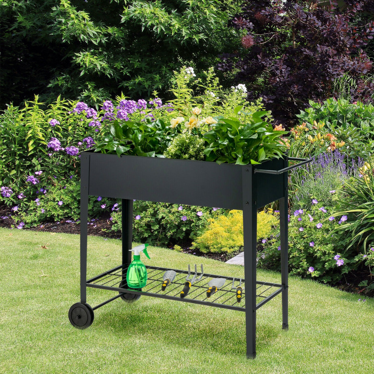 Raised Garden Bed Elevated Planter Box on Wheels Steel Planter with Shelf-BlackCostway Gallery View 6 of 12