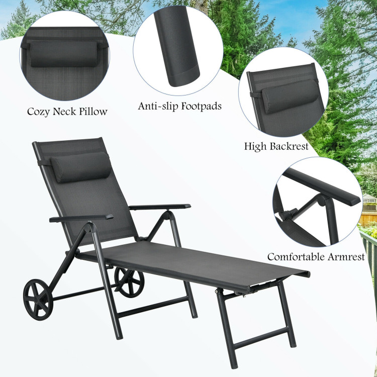 Patio Lounge Chair with Wheels Neck Pillow Aluminum Frame Adjustable-GrayCostway Gallery View 11 of 11