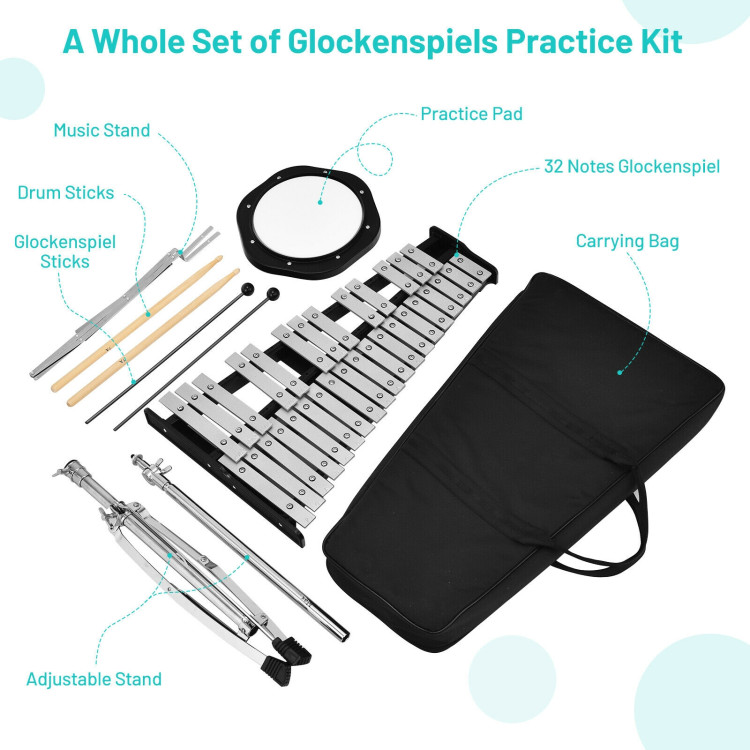 32 Note Glockenspiel Xylophone Percussion Bell Kit with Adjustable StandCostway Gallery View 10 of 12