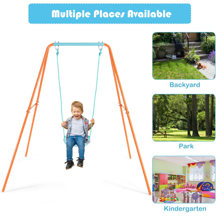 Outdoor Kids Swing Set with Heavy-Duty Metal A-Frame and Ground Stakes-OrangeCostway Gallery View 5 of 12