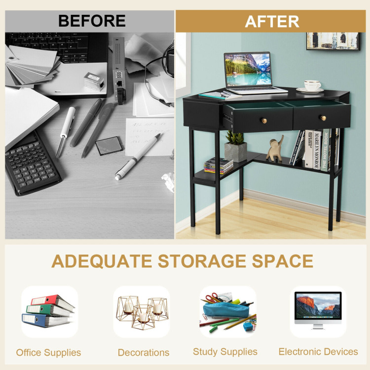 Space Saving Corner Computer Desk with 2 Large Drawers and Storage Shelf-BlackCostway Gallery View 2 of 12