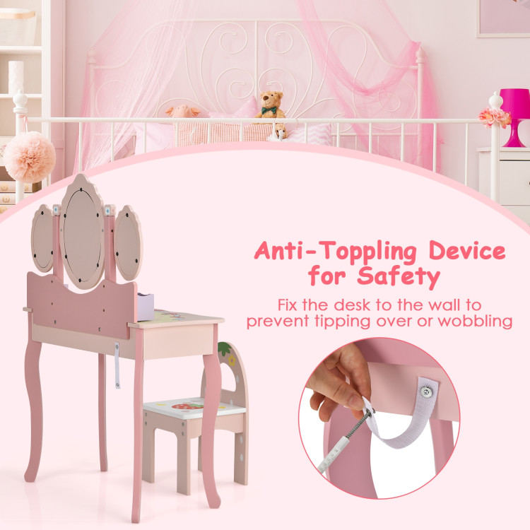 Kids Vanity Princess Makeup Dressing Table Chair Set with Tri-fold Mirror-PinkCostway Gallery View 9 of 10