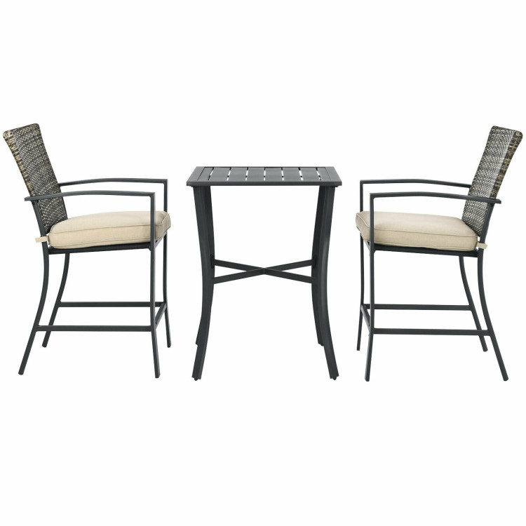 3 Pieces Patio Rattan Bar Furniture Set with Slat Table and 2 Cushioned Stools-GrayCostway Gallery View 9 of 10