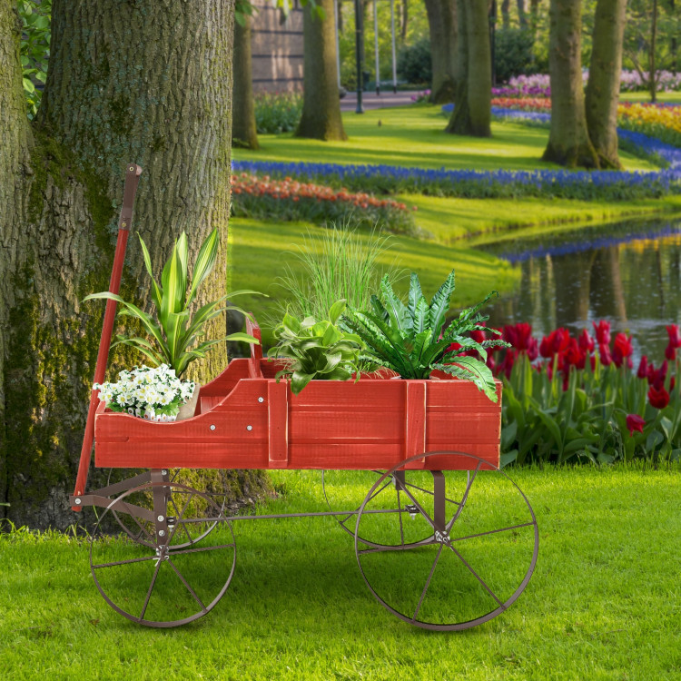 Wooden Wagon Plant Bed With Wheel for Garden Yard-RedCostway Gallery View 7 of 12