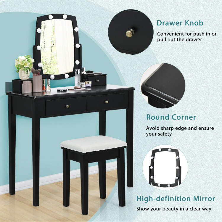 Vanity Table Set with Lighted Mirror for Bedroom and Dressing Room-BlackCostway Gallery View 5 of 10