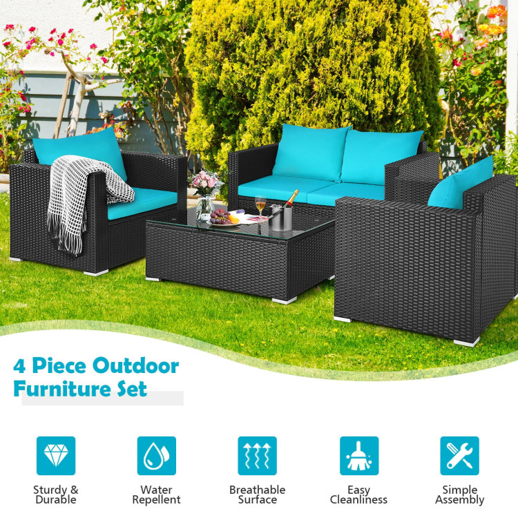 4Pcs Patio Rattan Cushioned Furniture Set-TurquoiseCostway Gallery View 5 of 11