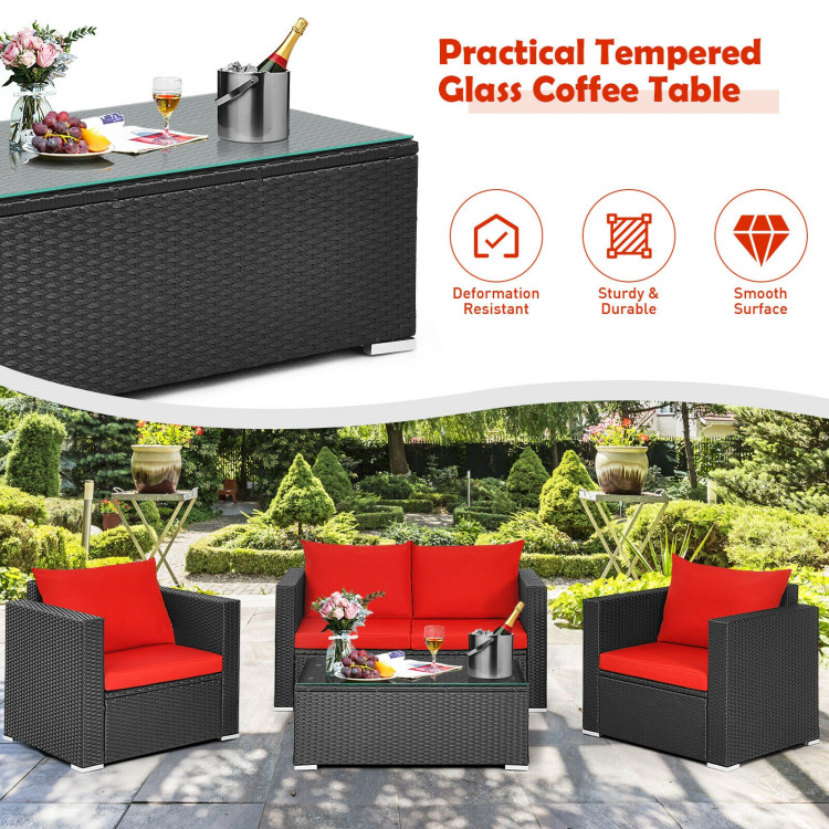 4 Pieces Patio Rattan Conversation Set with Padded Cushion and Tempered Glass Coffee Table-RedCostway Gallery View 10 of 11