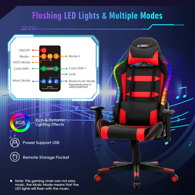 Adjustable Swivel Gaming Chair with LED Lights and Remote-RedCostway Gallery View 3 of 13