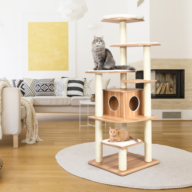 Wood Multi-Layer Platform Cat Tree with Scratch Resistant RopeCostway Gallery View 6 of 12