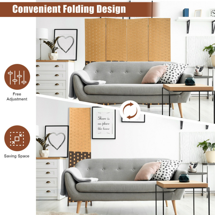 4 Panel Portable Folding Hand-Woven Wall Divider Suitable for Home Office-BrownCostway Gallery View 10 of 10