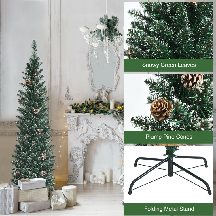 Snowy Artificial Pencil Christmas Tree with Pine Cones-5 ftCostway Gallery View 10 of 10