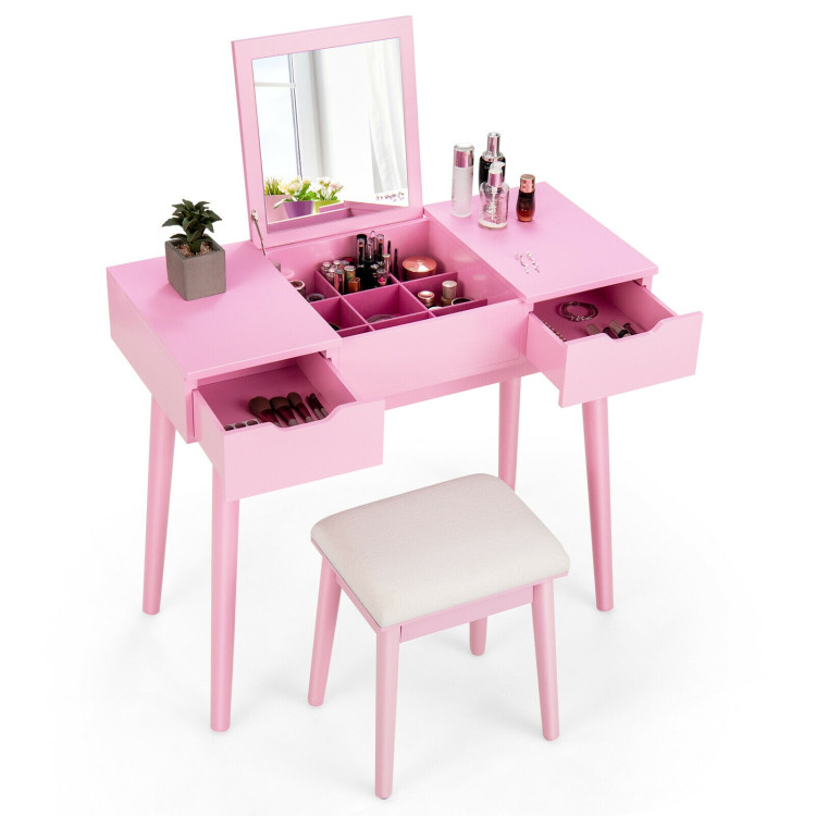 Makeup Vanity Table Set with Flip Top Mirror and 2 Drawers-PinkCostway Gallery View 8 of 9