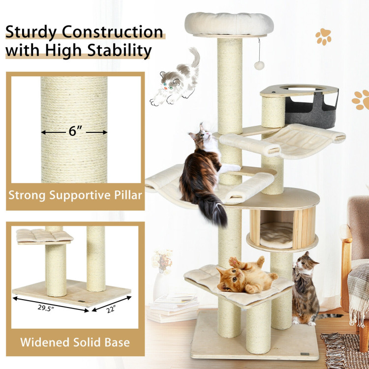 77.5-Inch Cat Tree Condo Multi-Level Kitten Activity Tower with Sisal Posts-Cream WhiteCostway Gallery View 8 of 10