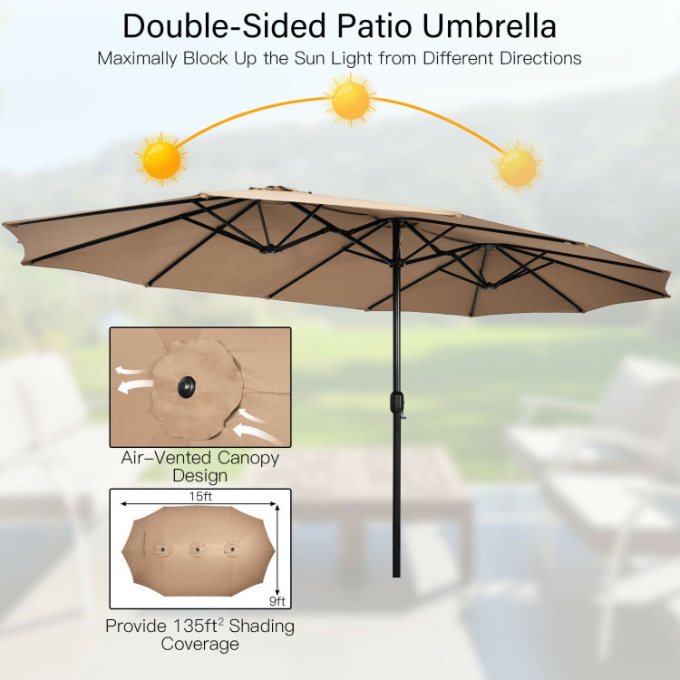 15 Feet Double-Sided Twin Patio Umbrella with Crank and Base-BrownCostway Gallery View 9 of 11