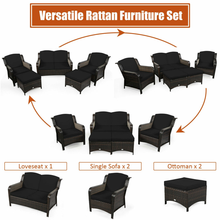 5 Pieces Patio Rattan Sofa Set with Cushion and Ottoman-BlackCostway Gallery View 12 of 12