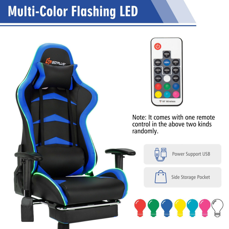 Massage LED Gaming Chair with Lumbar Support and Footrest-BlueCostway Gallery View 8 of 10