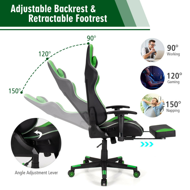 Massage LED Gaming Chair with Lumbar Support and Footrest-GreenCostway Gallery View 5 of 12