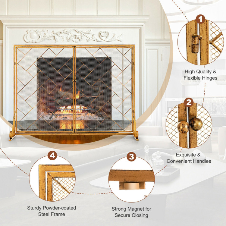 3-Panel Folding Wrought Iron Fireplace Screen with Doors and 4 Pieces Tools Set-GoldenCostway Gallery View 8 of 10