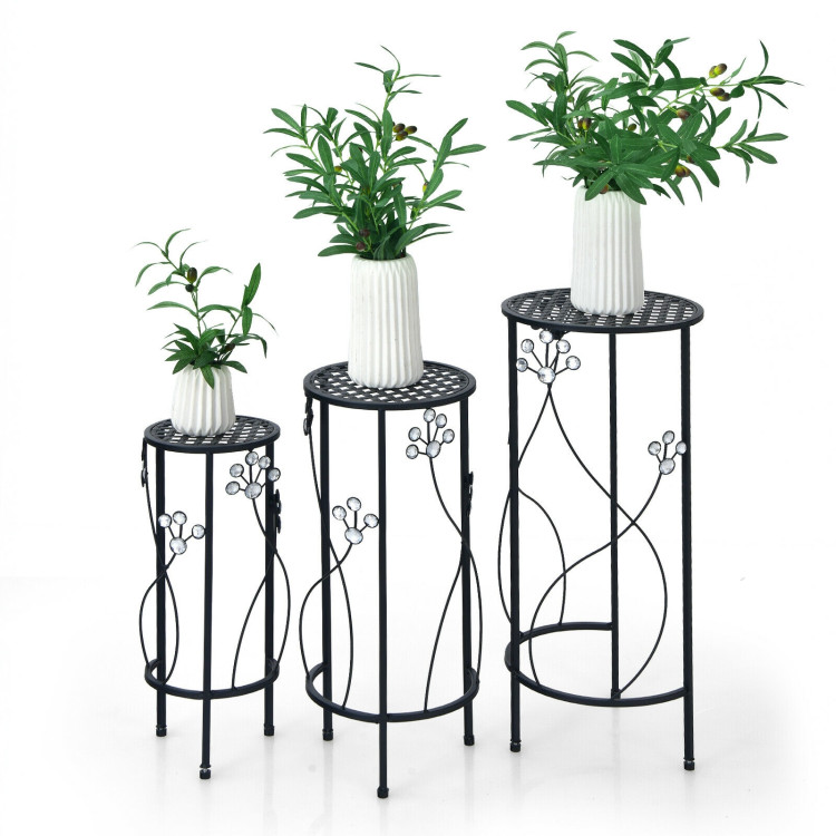 3 Pieces Metal Plant Stand Set with Crystal Floral Accents Round-BlackCostway Gallery View 8 of 10