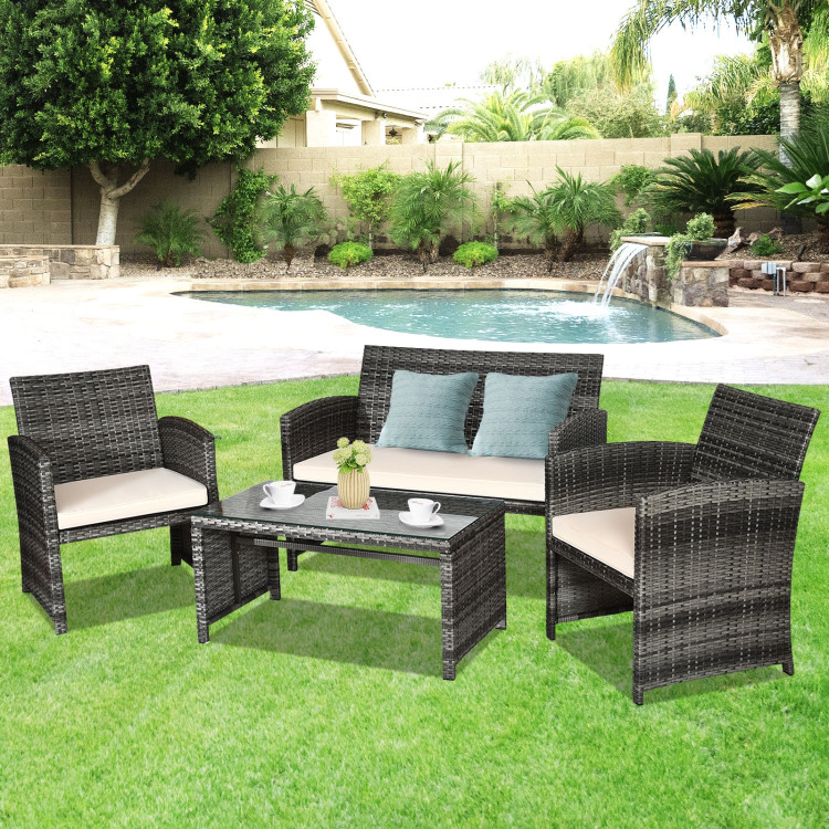 4 Pcs Patio Rattan Furniture Set Top Sofa With Glass Table-WhiteCostway Gallery View 1 of 10