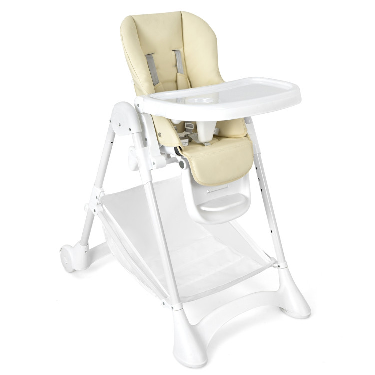 Baby Convertible Folding Adjustable High Chair with Wheel Tray Storage Basket -BeigeCostway Gallery View 1 of 14
