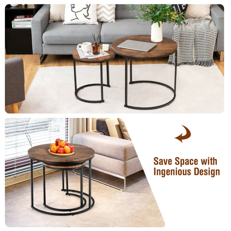 Set of 2 Modern Round Stacking Nesting Coffee Tables for Living Room-Rustic BrownCostway Gallery View 10 of 12