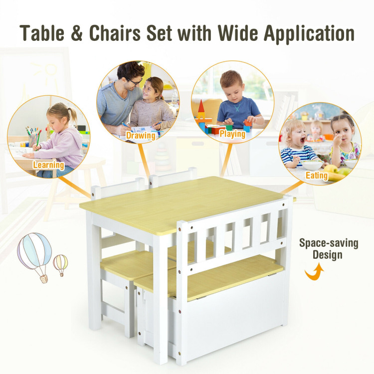 4 Pieces Kids Wooden Activity Table and Chairs Set with Storage Bench and Study Desk-NaturalCostway Gallery View 5 of 12