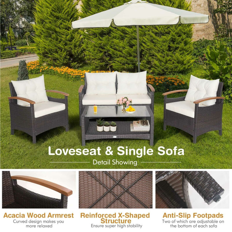 4 Pieces Patio Rattan Furniture Set with Cushioned Sofa and Storage Table-WhiteCostway Gallery View 9 of 11