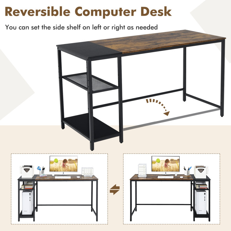 55 Inch Reversible Computer Desk with Adjustable Storage Shelves-Rustic BrownCostway Gallery View 6 of 11