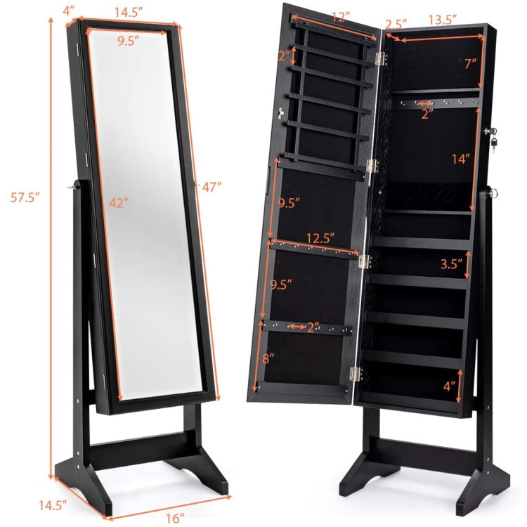 Jewelry Cabinet Stand Mirror Armoire with Large Storage Box-BlackCostway Gallery View 4 of 8