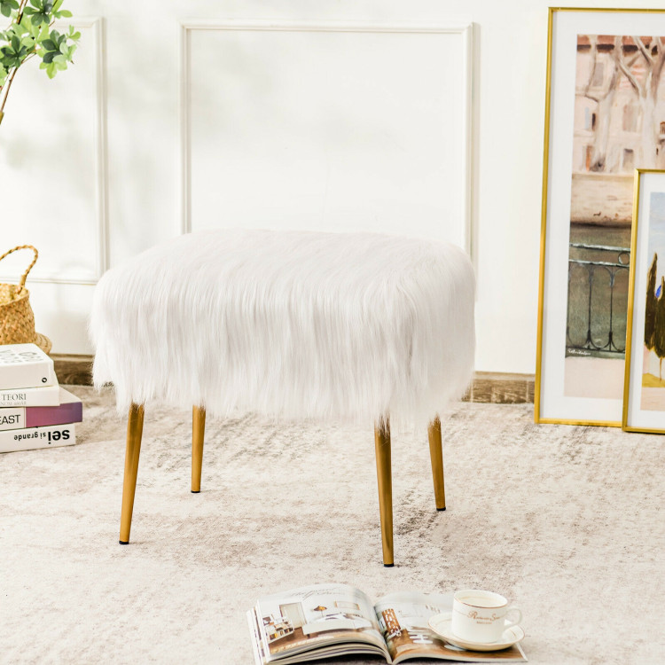 Faux Fur Vanity Stool with Golden Metal Legs for Makeup Room-WhiteCostway Gallery View 7 of 9